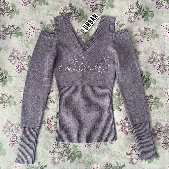 Urban Outfitters Sweaters - UO Bling Rhinestone Y2K Grey Cold Shoulder Knit Ribbed Sweater Top